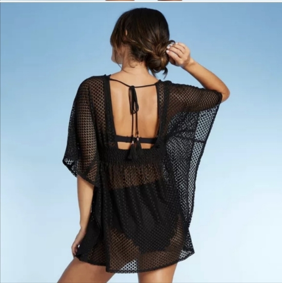 Large Swimsuit Coverup Maternity Friendly Black Crochet Lace Mesh Bathing Suit - Picture 2 of 7